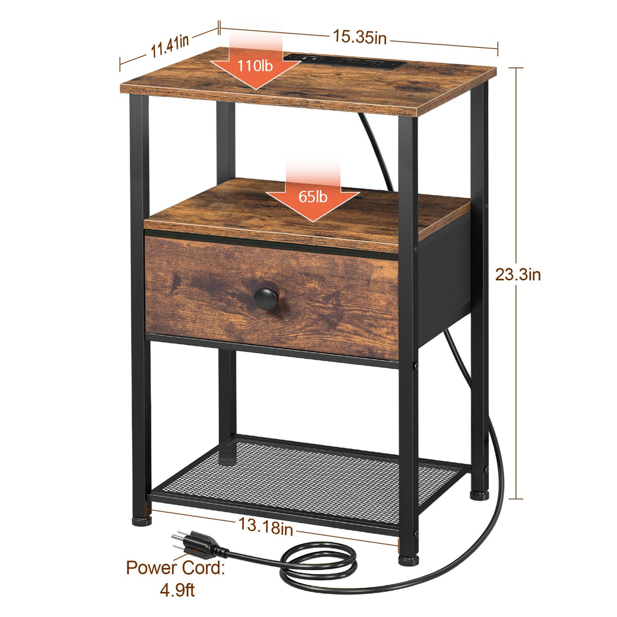 LOAKEKEL nightstand open shelves for books remotes and small devices.