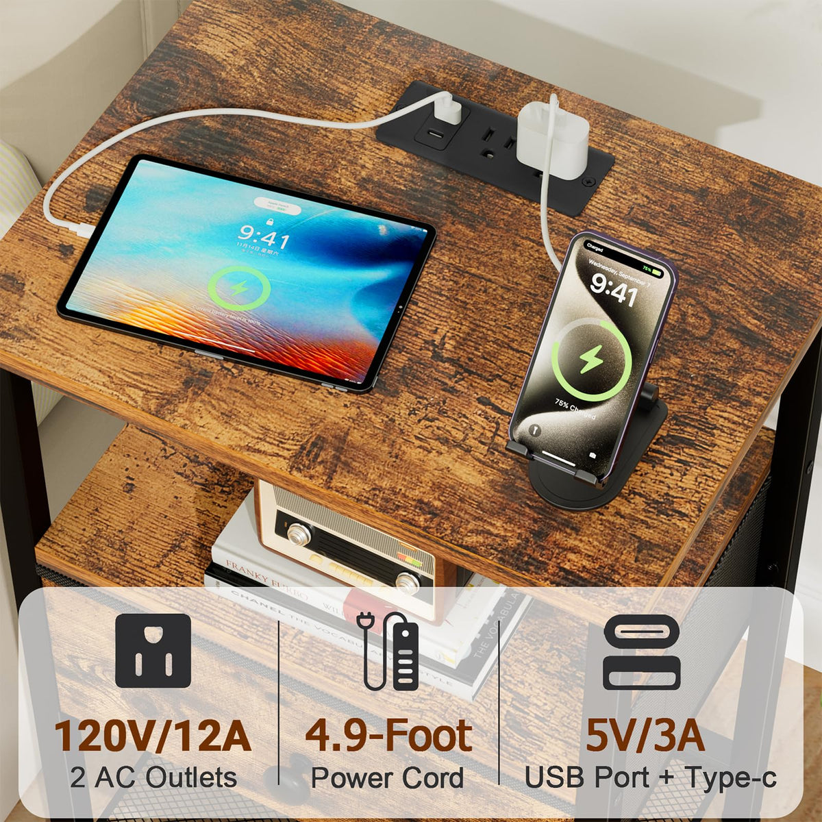 LOAKEKEL nightstand wooden top supports up to 110 lbs for books and devices