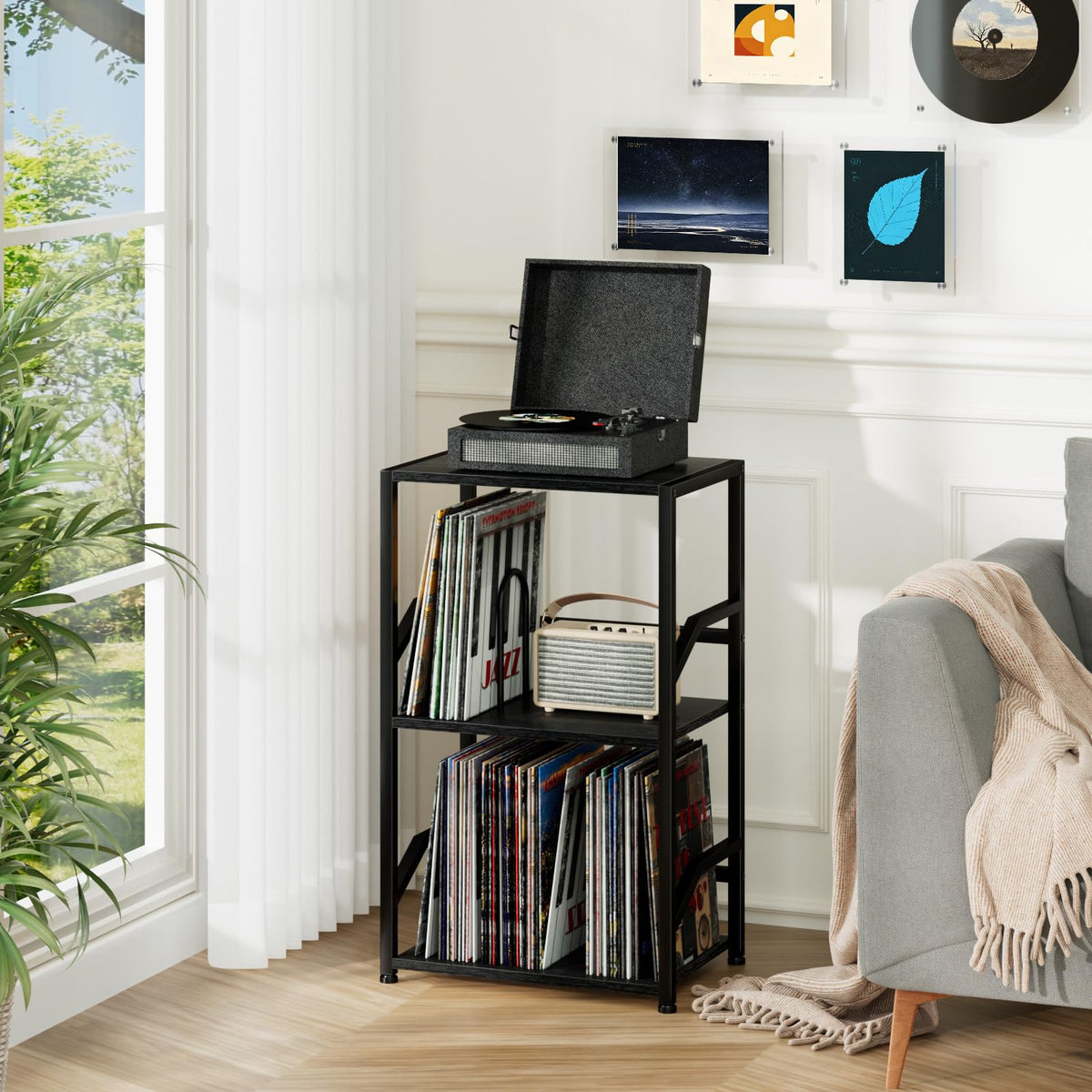 LOAKEKEL stand with open shelves displaying up to 200 albums in tidy storage