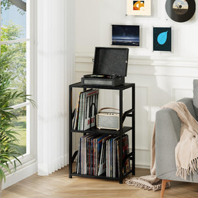 LOAKEKEL stand with open shelves displaying up to 200 albums in tidy storage