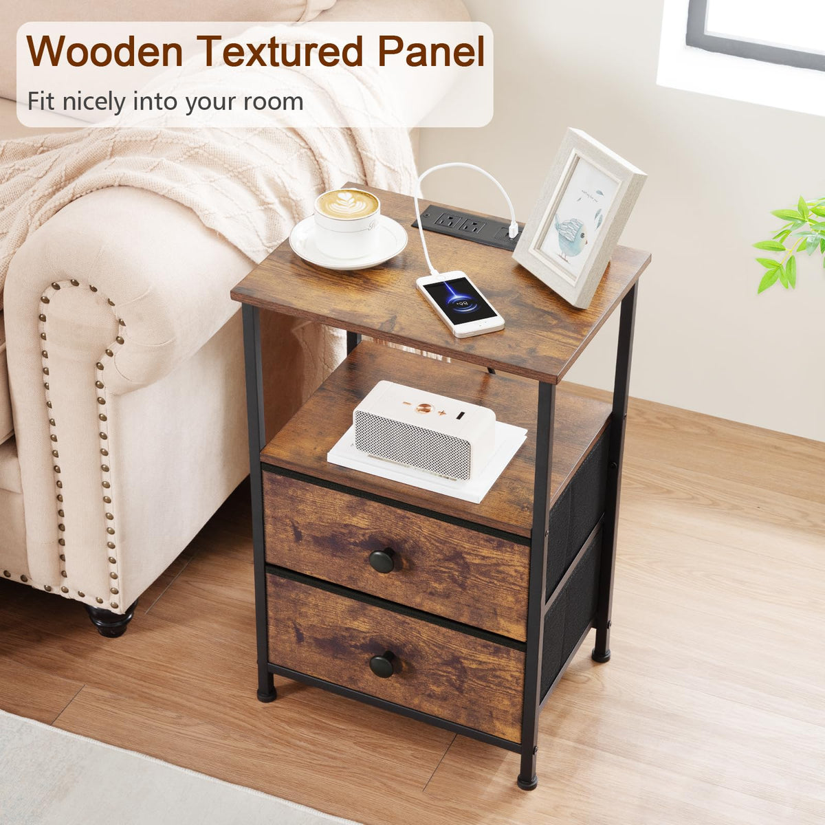 LOAKEKEL open-top shelf offers quick access to remotes and books.