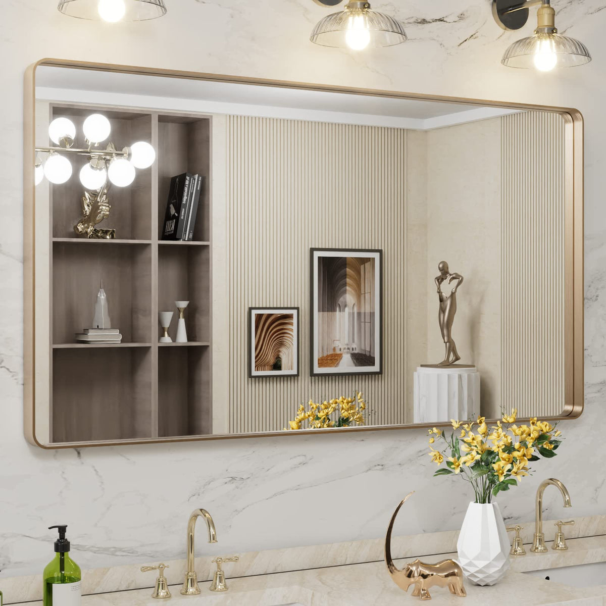 LOAAO 55x30 gold bathroom mirror with rounded frame for a bold focal point