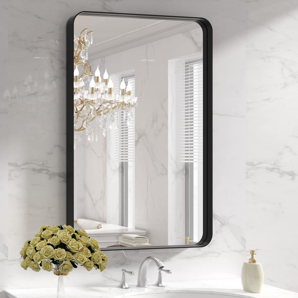 LOAAO 24x36 black metal framed mirror front view for clear bathroom vanity reflection