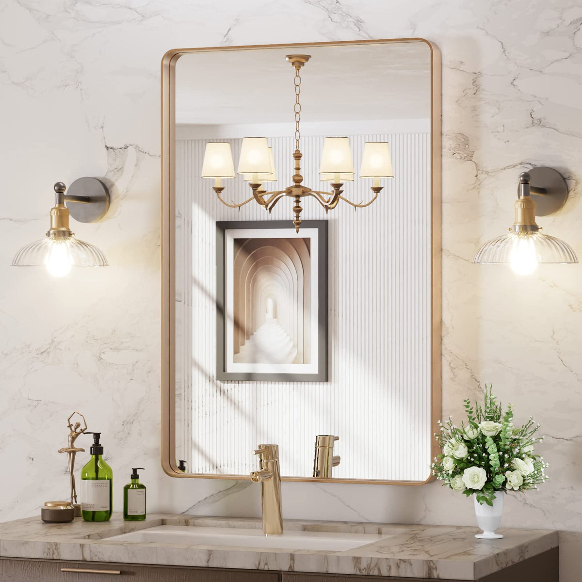 LOAAO 24x36 gold mirror front view with rounded frame enhances bathroom brightness