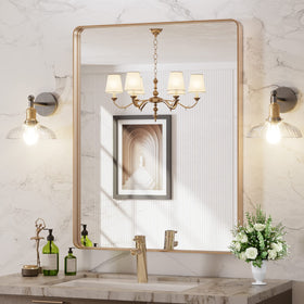 LOAAO 28x36 round-edged gold mirror with distortion-free reflection for a crisp view.