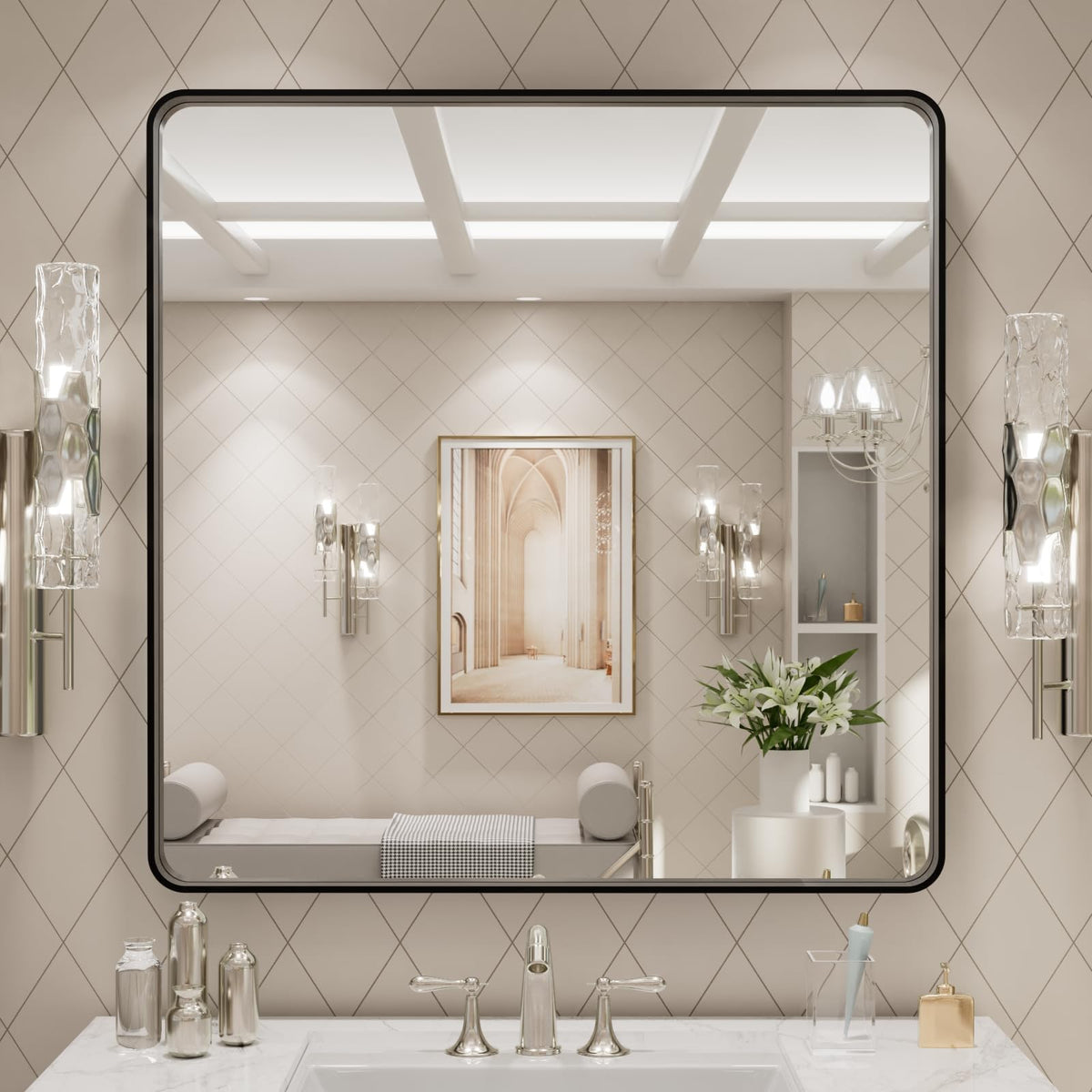 LOAAO 30x30 inch bathroom mirror front view with clear reflection for daily routines