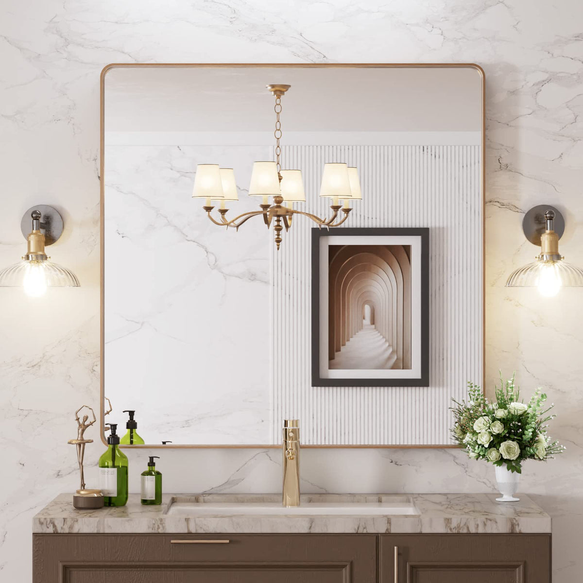 LOAAO 36x36 gold bathroom mirror with distortion-free reflection