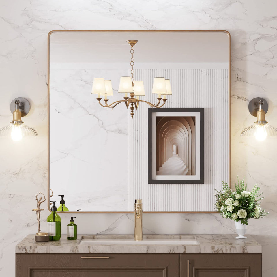 LOAAO 36x36 gold bathroom mirror with distortion-free reflection