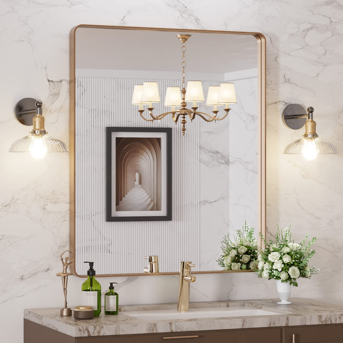 LOAAO 30x36 rounded gold frame mirror for a clear bathroom reflection.