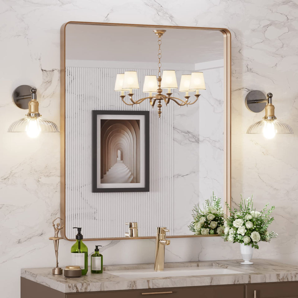 LOAAO 30x36 rounded gold frame mirror for a clear bathroom reflection.