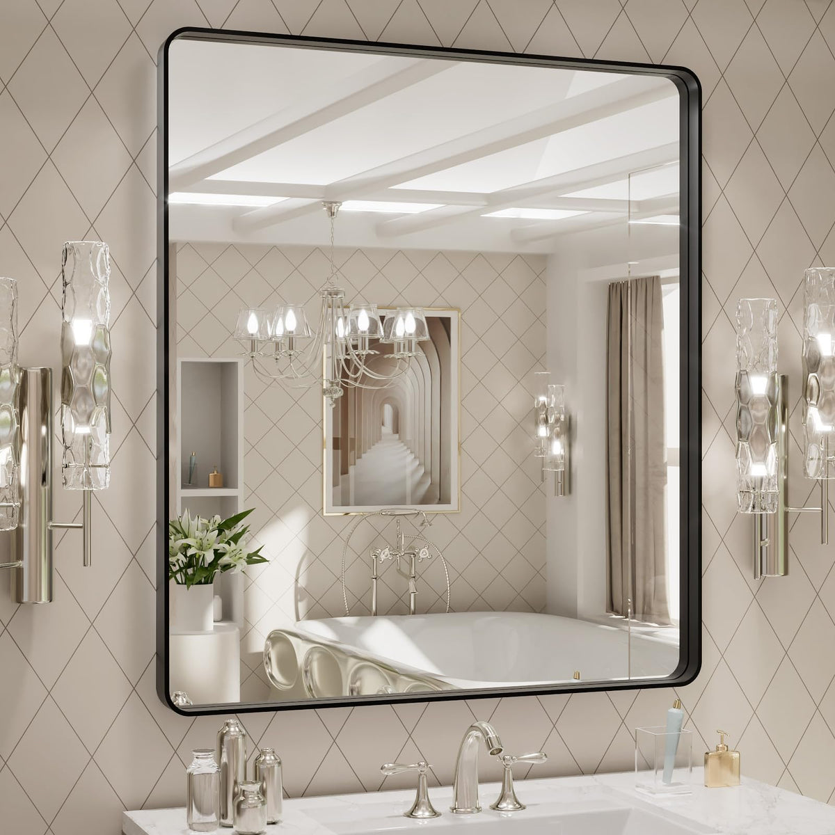 LOAAO bathroom mirror in a 32x36 black frame with a crisp, distortion-free reflection.