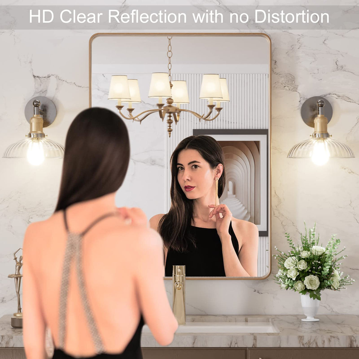 LOAAO brushed gold frame mirror adds elegant warmth to vanity areas