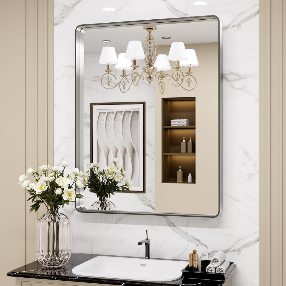 LOAAO 22x30 inch mirror with brushed nickel finish delivers a distortion-free reflection.