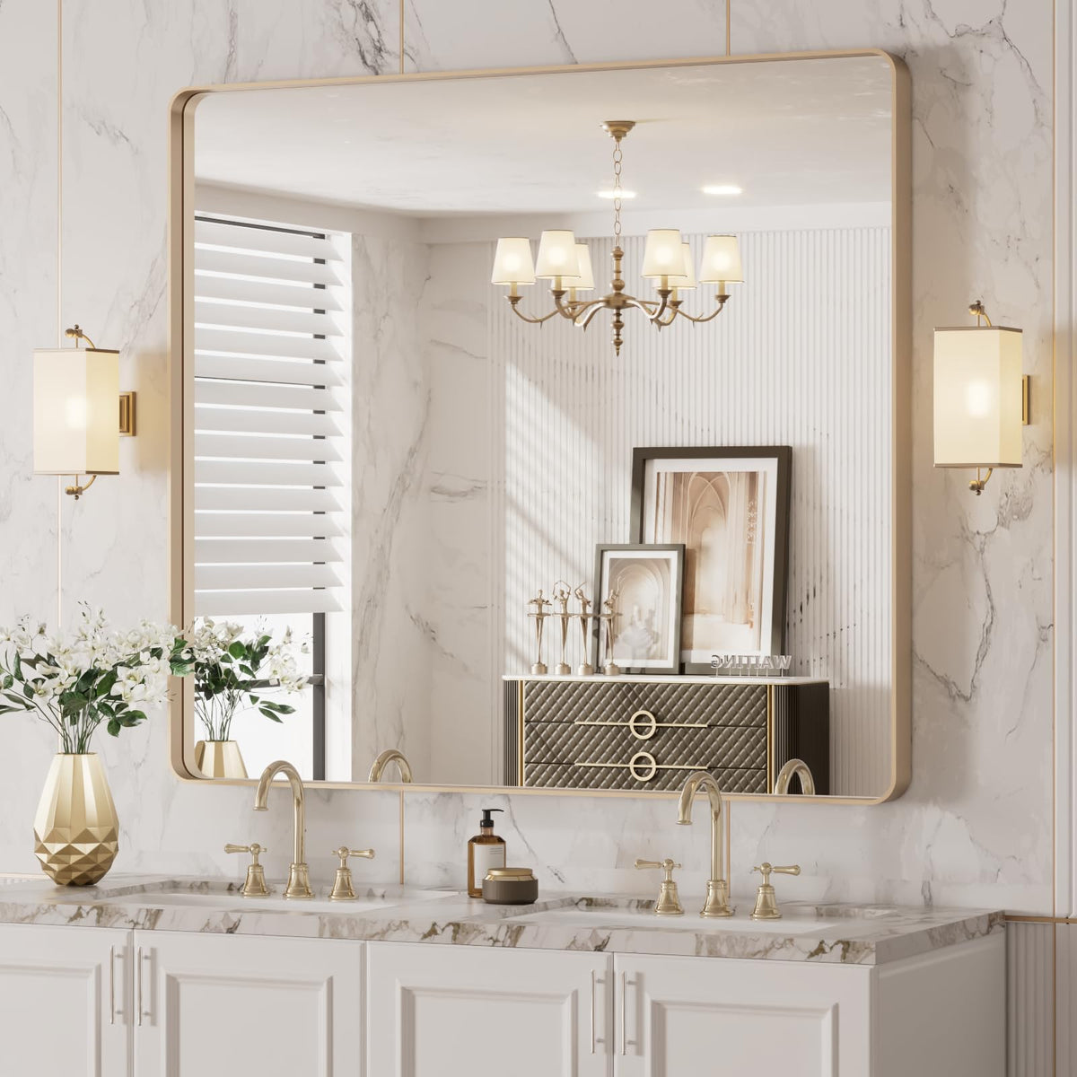 LOAAO gold bathroom mirror elevates vanity and entryways with contemporary glow.