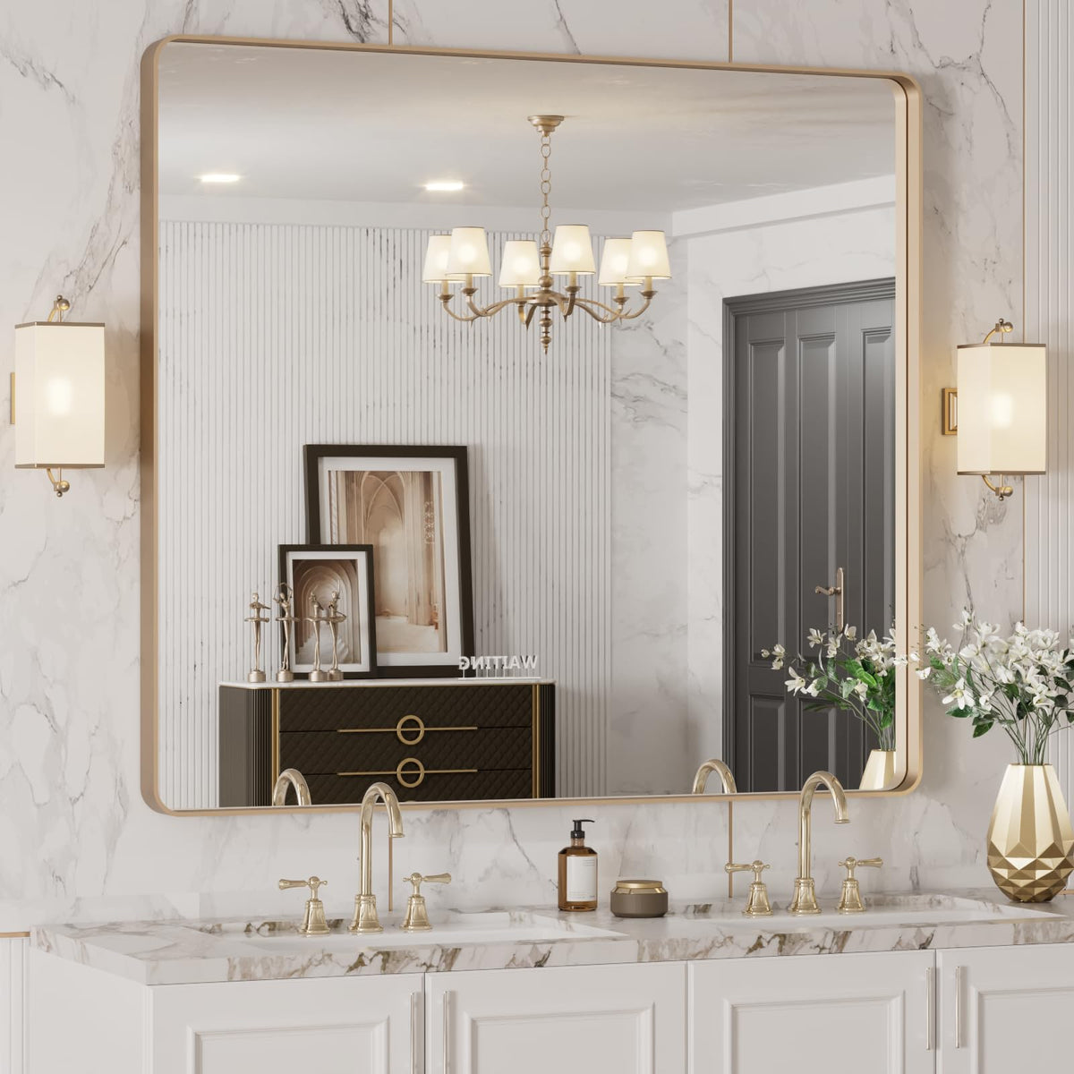 LOAAO gold brushed frame rounded mirror enhances bathroom brightness with distortion-free reflection.