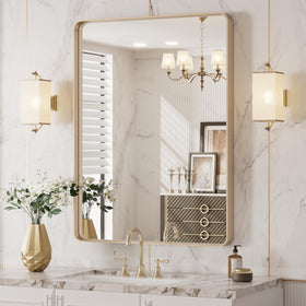 LOAAO gold mirror front view shows rounded rectangle shape for modern bathroom styling and clarity.