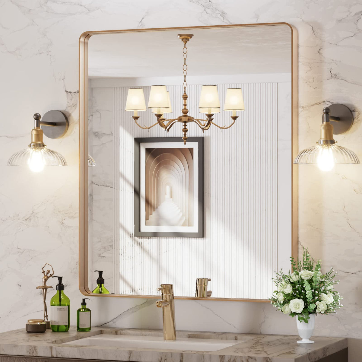 LOAAO luxury gold mirror adds warmth and ambience to a room.