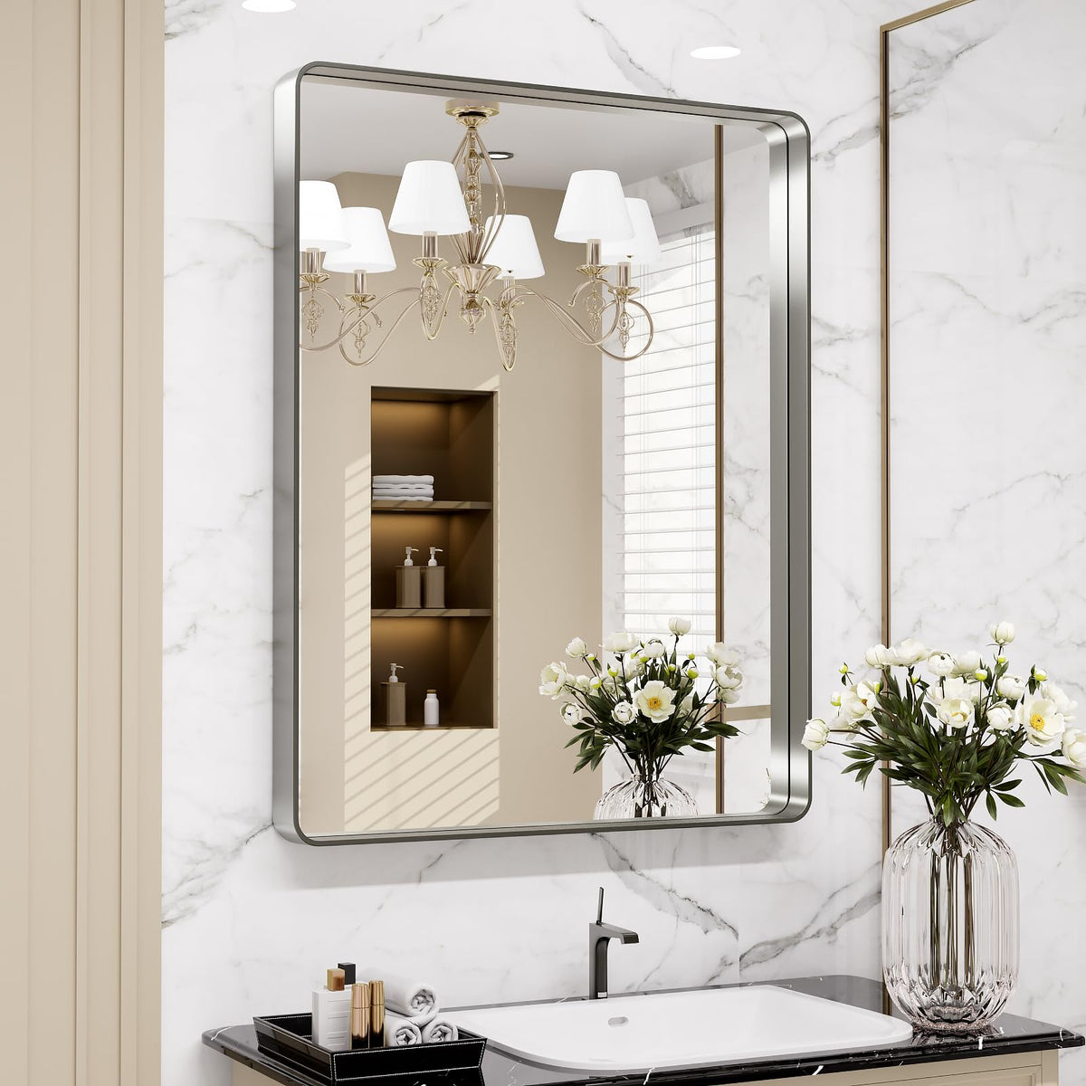 Modern brushed nickel finish complements decor and expands room feel