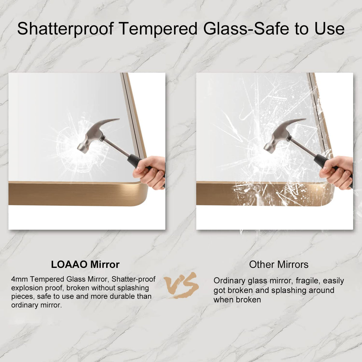 LOAAO gold mirror fits bathrooms, powder rooms, and bedrooms with style