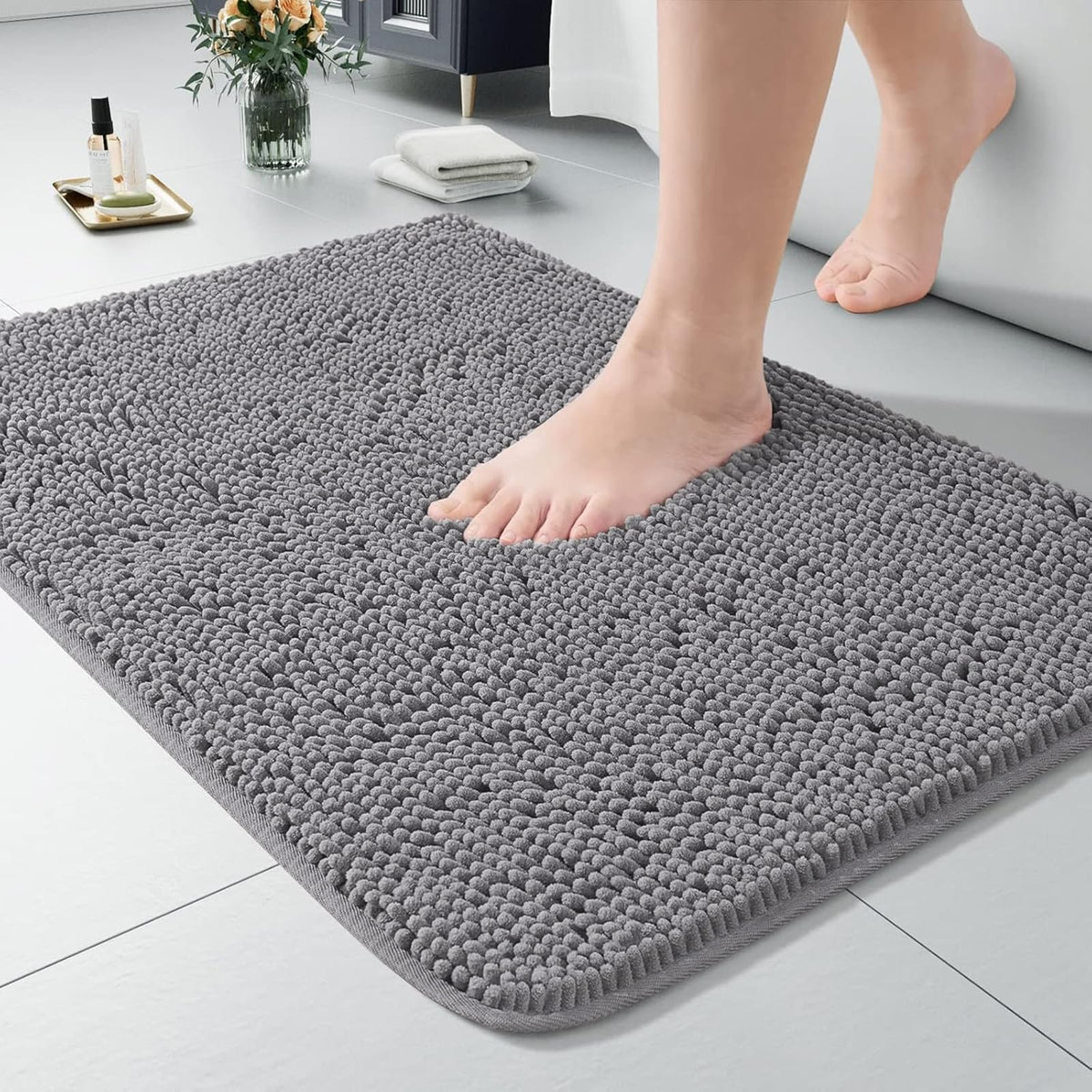 LOCHAS luxury bath rug shaggy gray 24x36 for soft, plush comfort after shower