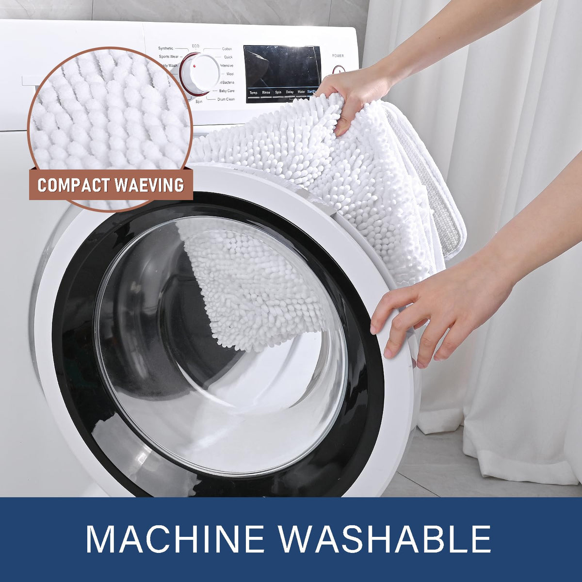 LOCHAS machine-washable white rug stays fresh wash after wash.