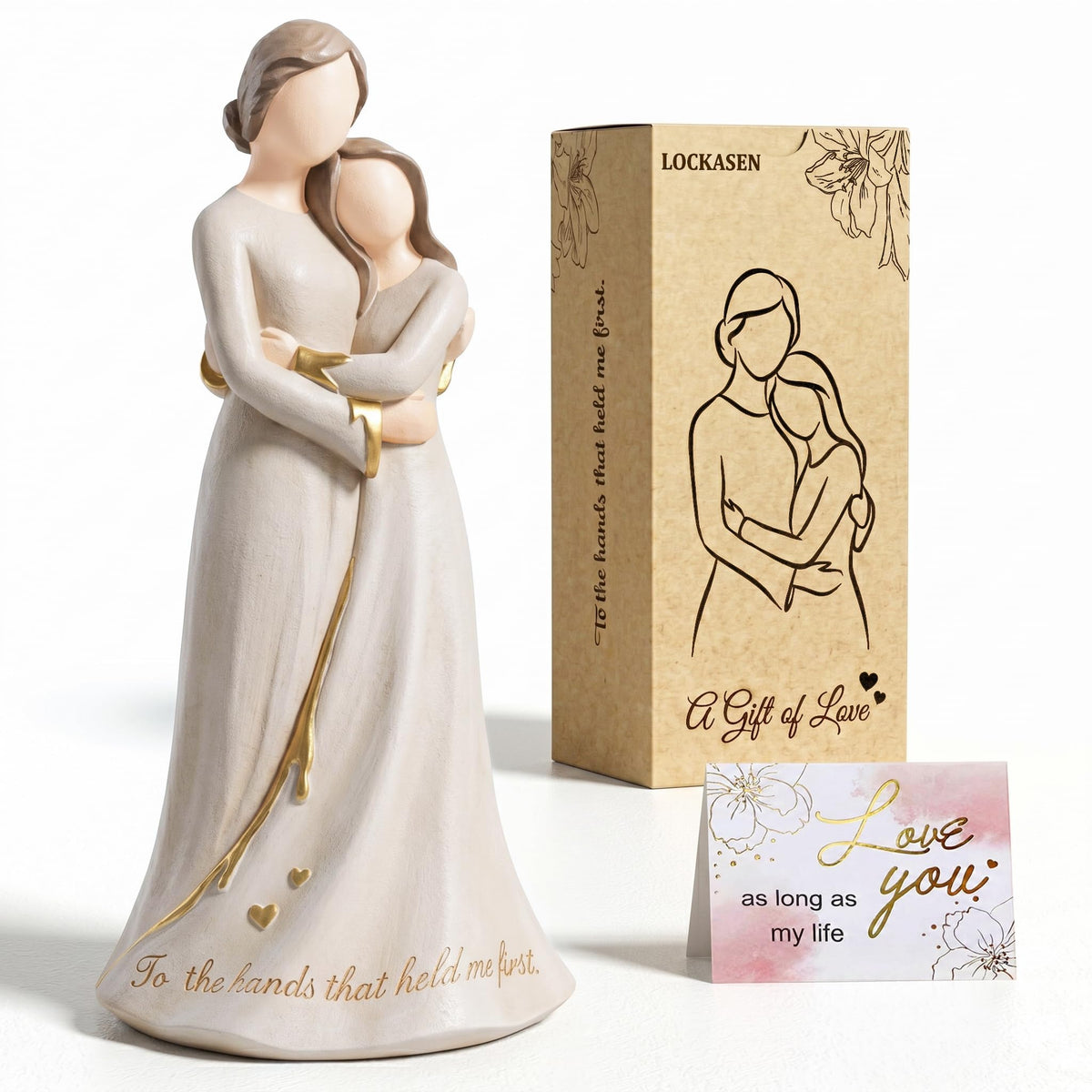 LOCKASEN hand-painted resin mother-daughter figurine with gold accents, perfect Mother's Day display.