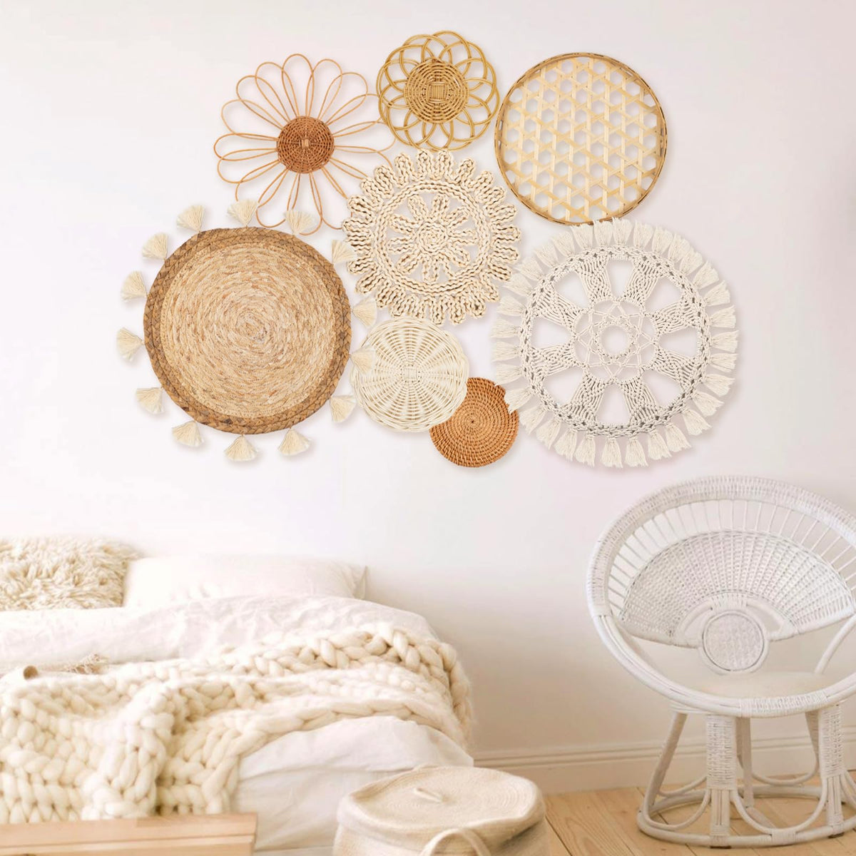Durable bamboo, rattan, and seagrass construction supports daily display.