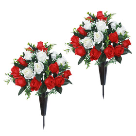 Lodou artificial cemetery bouquet close-up showing vibrant red-white silk roses