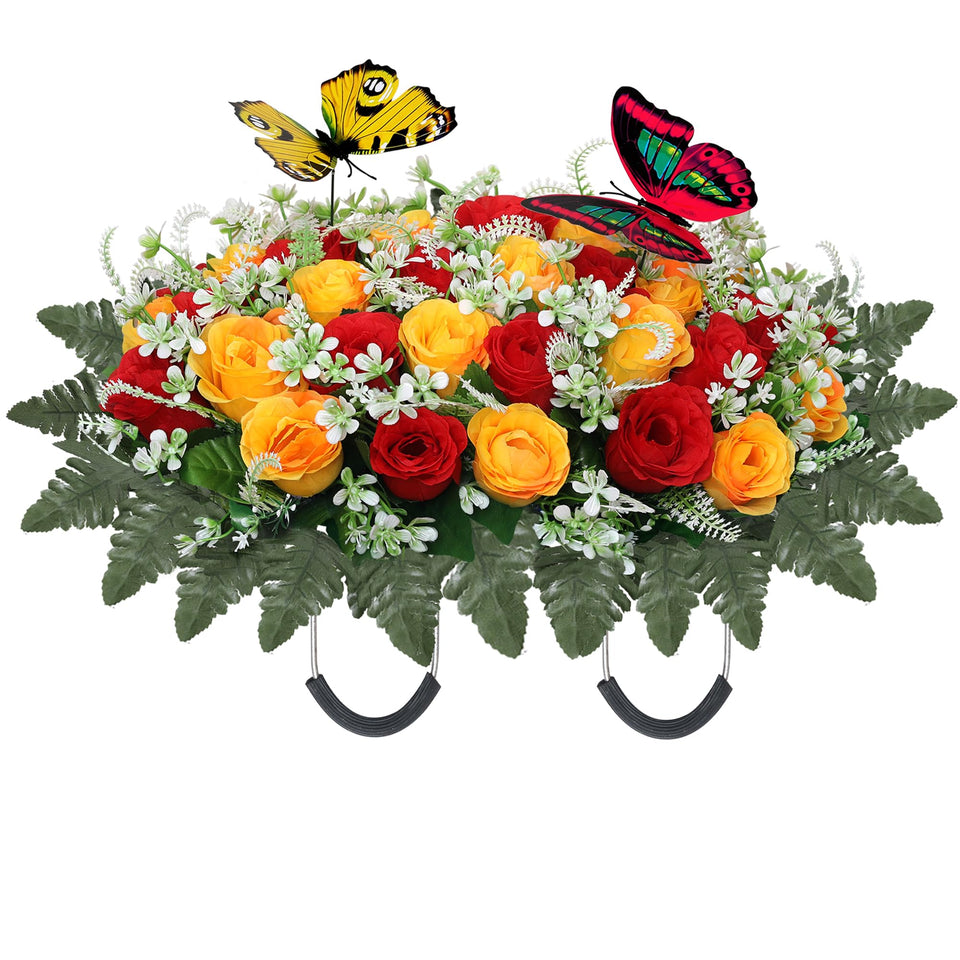 Lodou artificial cemetery flowers on a headstone saddle with a lifelike look that lasts.