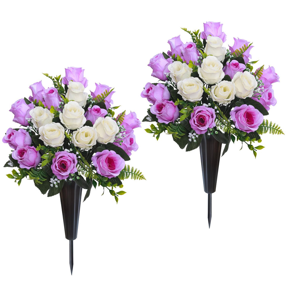 Lodou artificial cemetery flowers purple and white bouquet for lasting memorial displays
