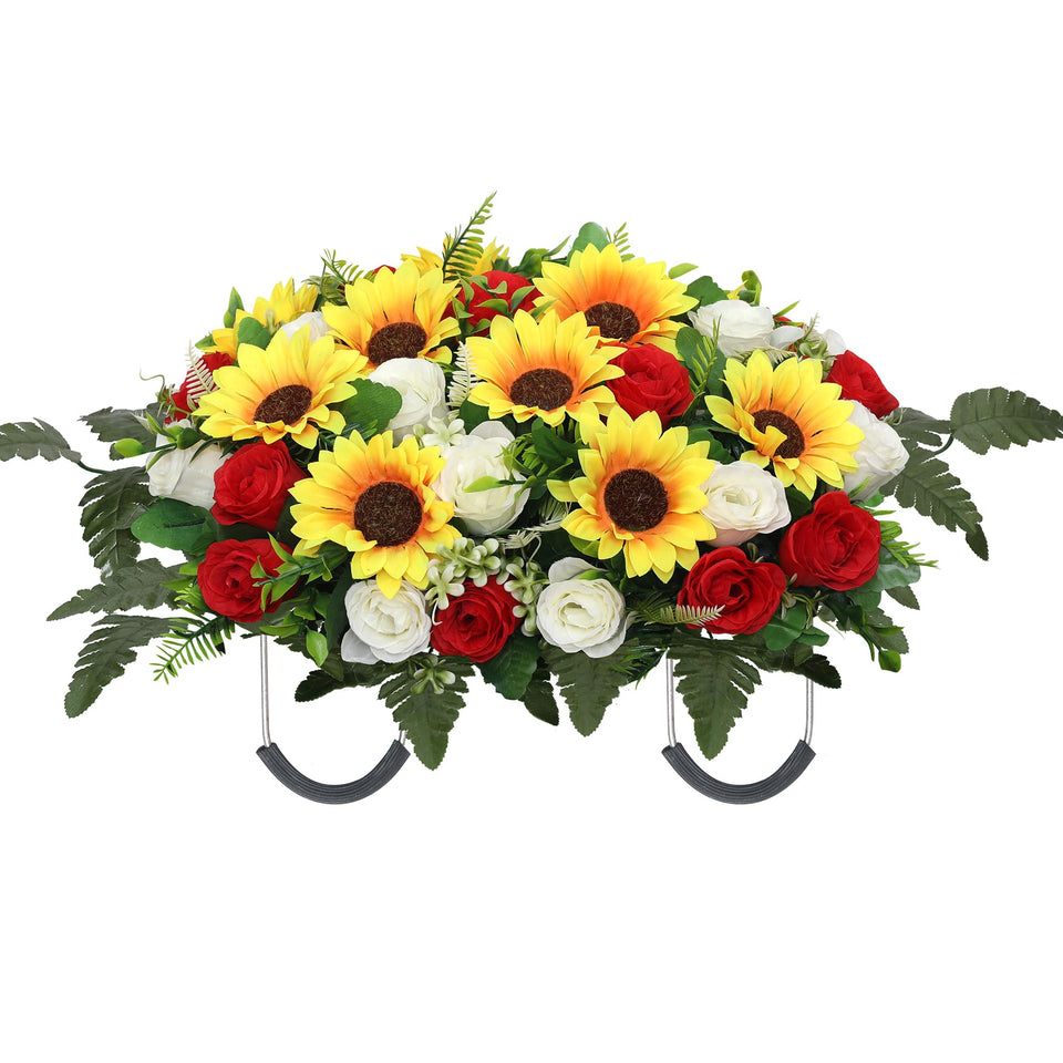 Lodou artificial cemetery saddle with red and white roses and sunflowers for lasting memorial beauty