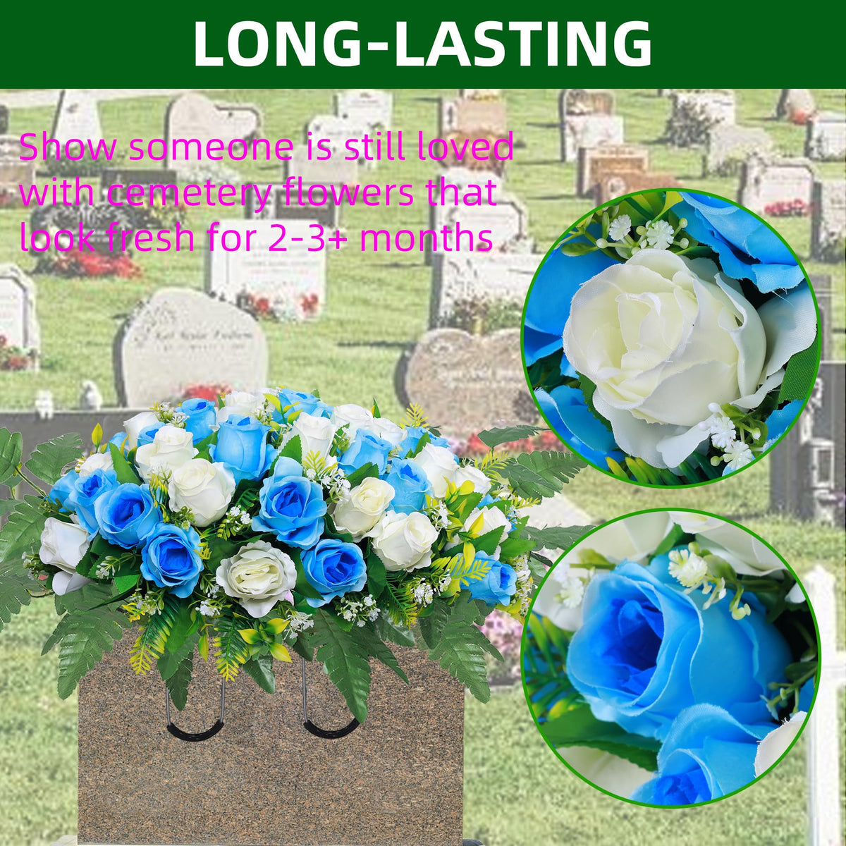 Lodou artificial cemetery flowers weatherproof, silk and plastic materials resist sun and rain.