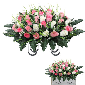 Lodou cemetery flowers headstone saddle with pink and white roses for durable grave decor.