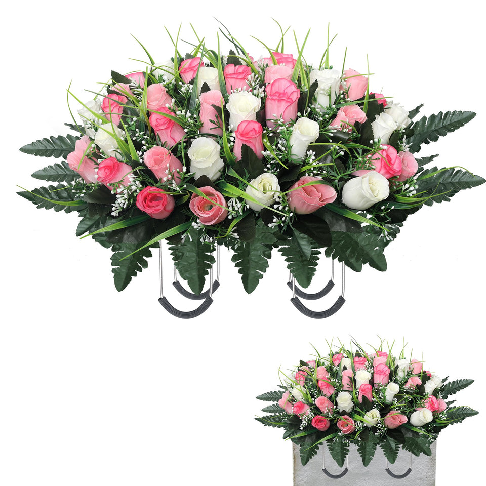 Lodou cemetery flowers headstone saddle with pink and white roses for durable grave decor.