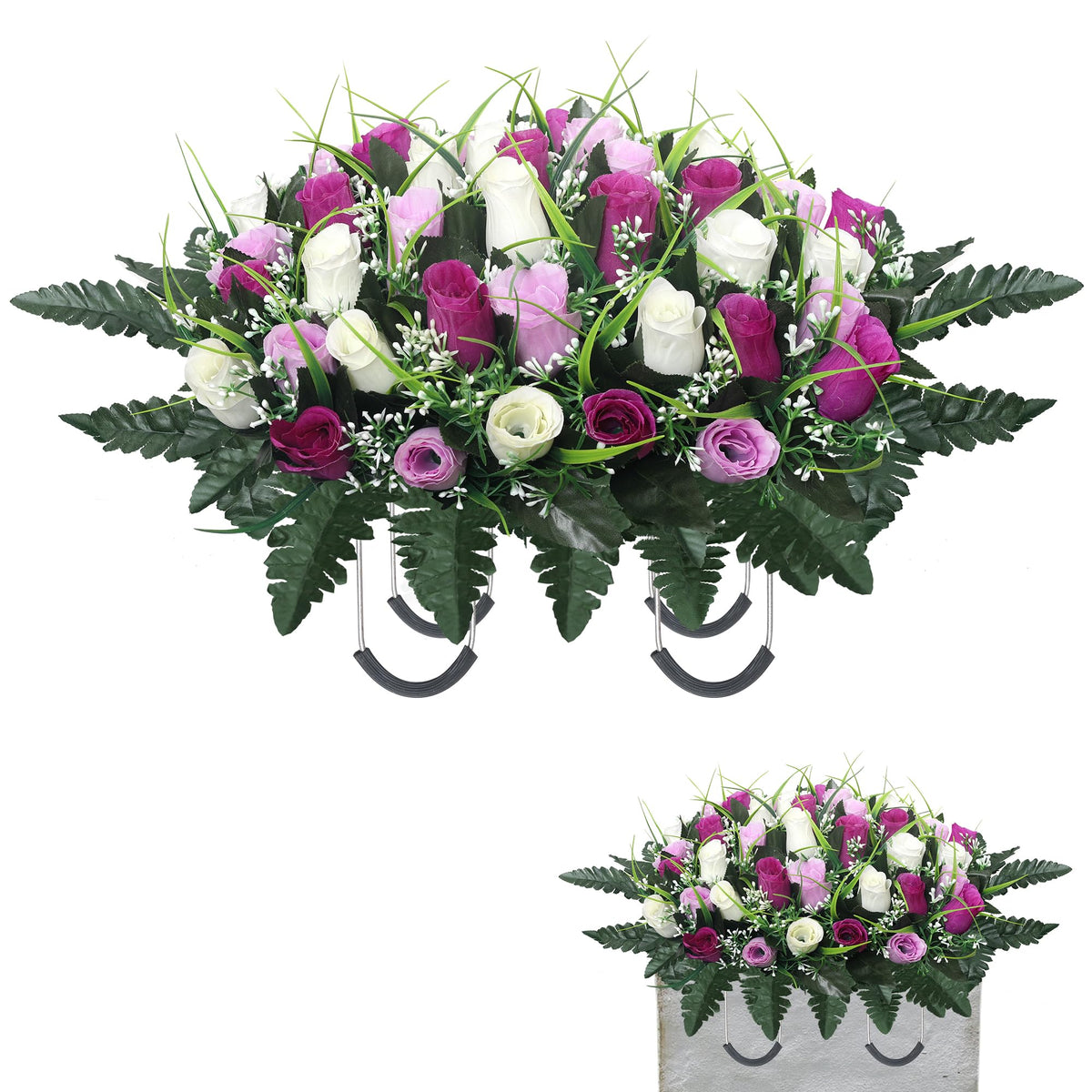 Lodou cemetery flowers saddle with roses and green leaves for a lifelike grave marker display.