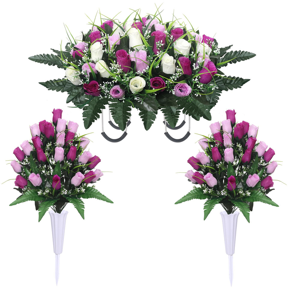 Lodou flower saddle for grave headstone in purple and white, adds lasting curb appeal.