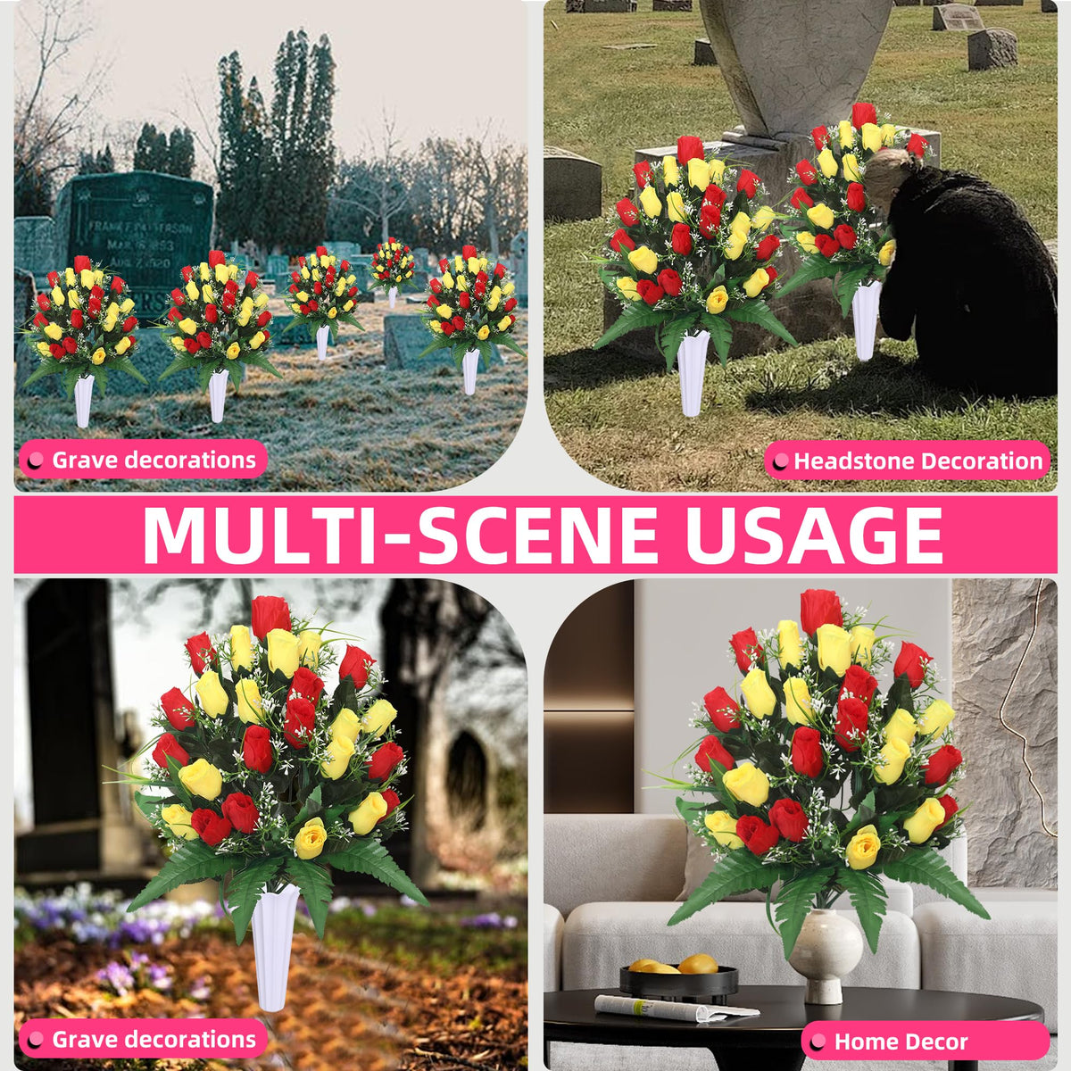 Lodou packaging includes two bouquets and two grave vases for easy setup.