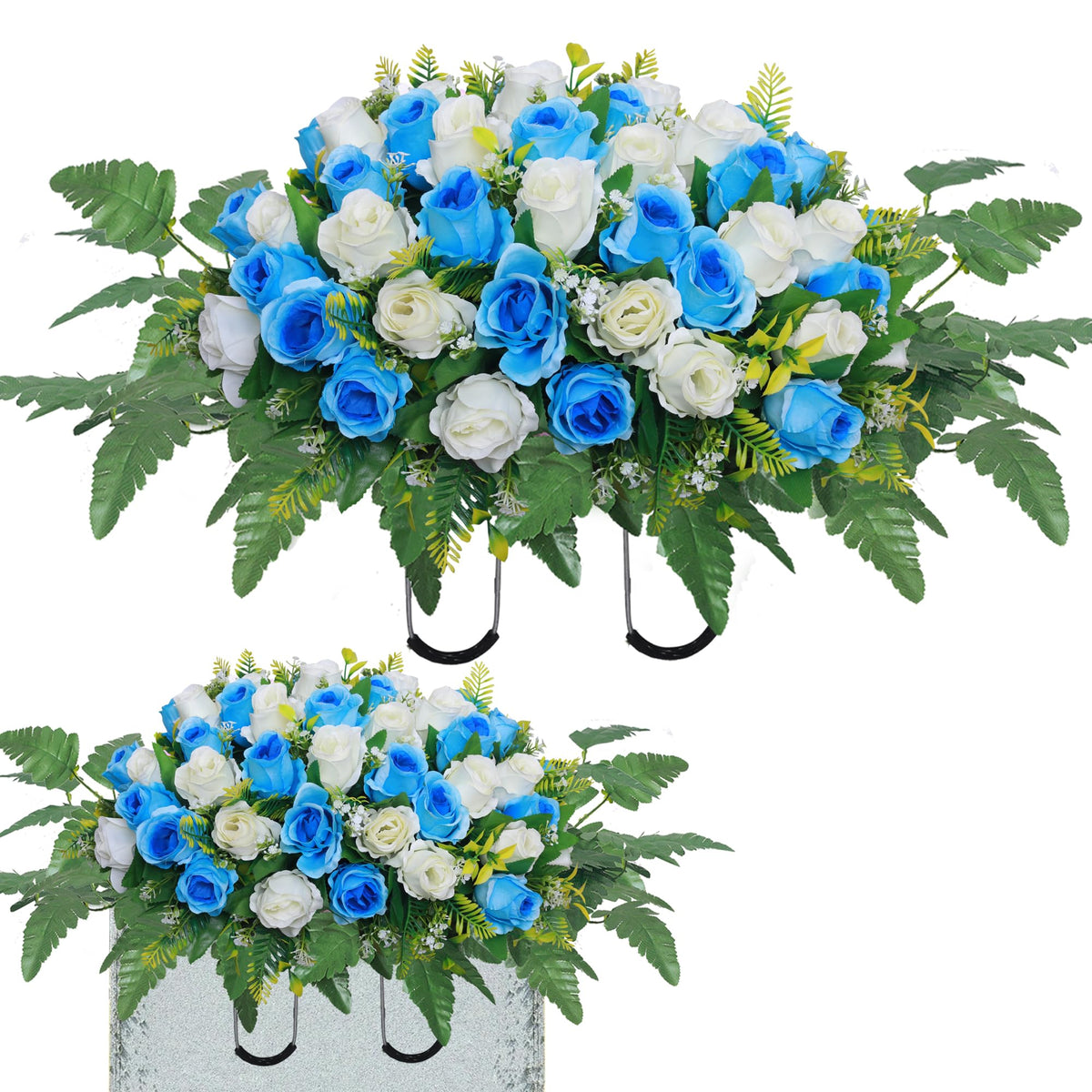 Lodou saddle with full bouquet on a grave marker, lifelike color that lasts through weather.