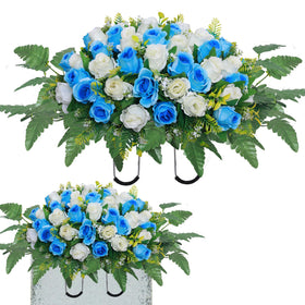 Lodou saddle with full bouquet on a grave marker, lifelike color that lasts through weather.