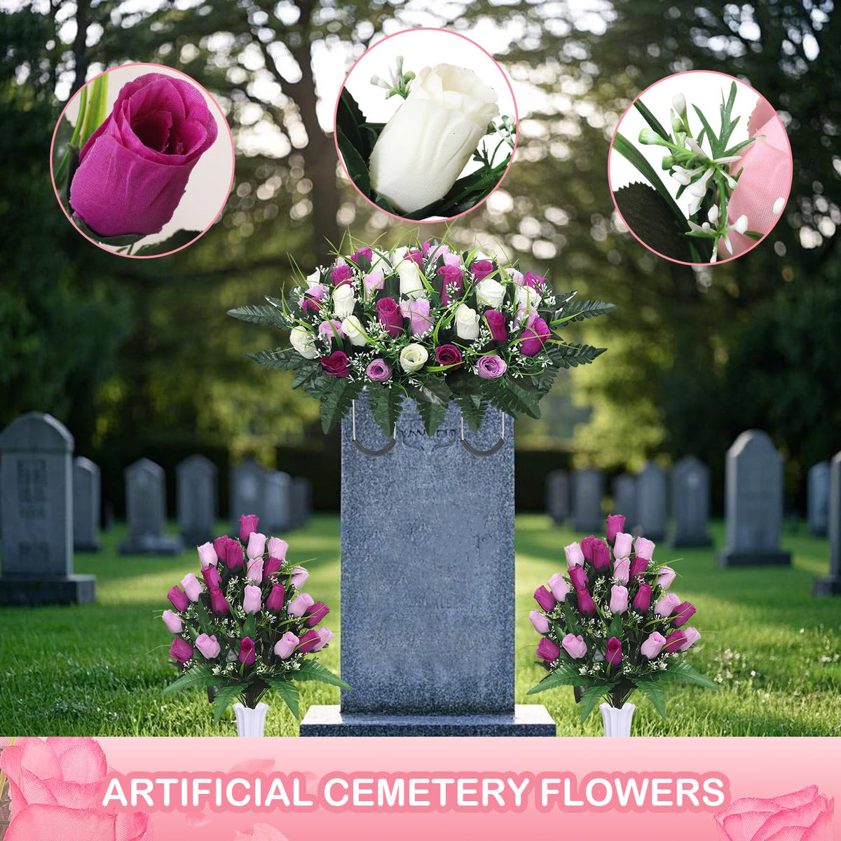 Lodou three-piece set includes two bouquets and two vases for grave decor.