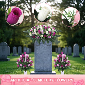 Lodou three-piece set includes two bouquets and two vases for grave decor.