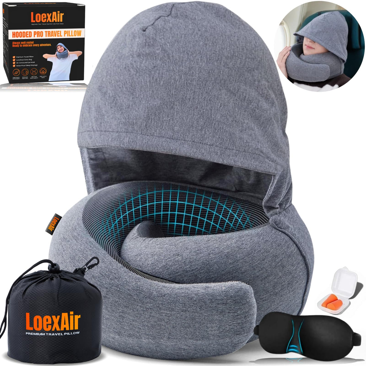 LOEXAIR Hooded Pro Travel Pillow in carry bag for easy travel storage