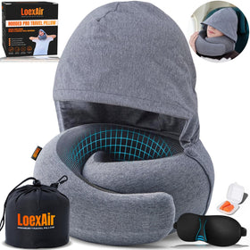 LOEXAIR Hooded Pro Travel Pillow in carry bag for easy travel storage