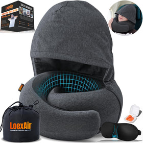 LOEXAIR Hooded Pro Travel Pillow in dark grey, privacy hood visible for light blocking