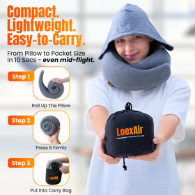 Hooded privacy design of LOEXAIR pillow for light blocking on flights