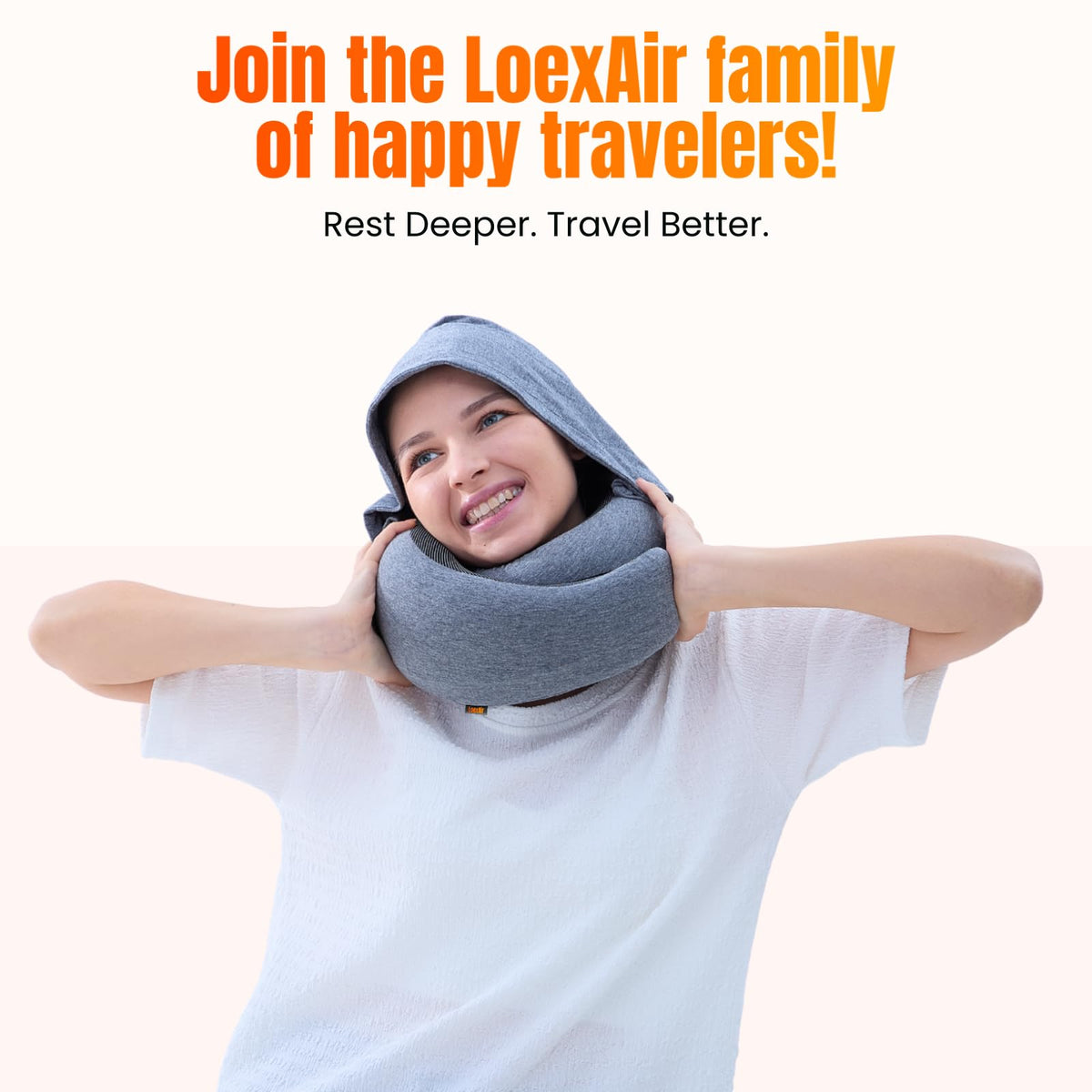 In-use LOEXAIR Hooded Pro Travel Pillow on a flight
