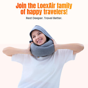 In-use LOEXAIR Hooded Pro Travel Pillow on a flight