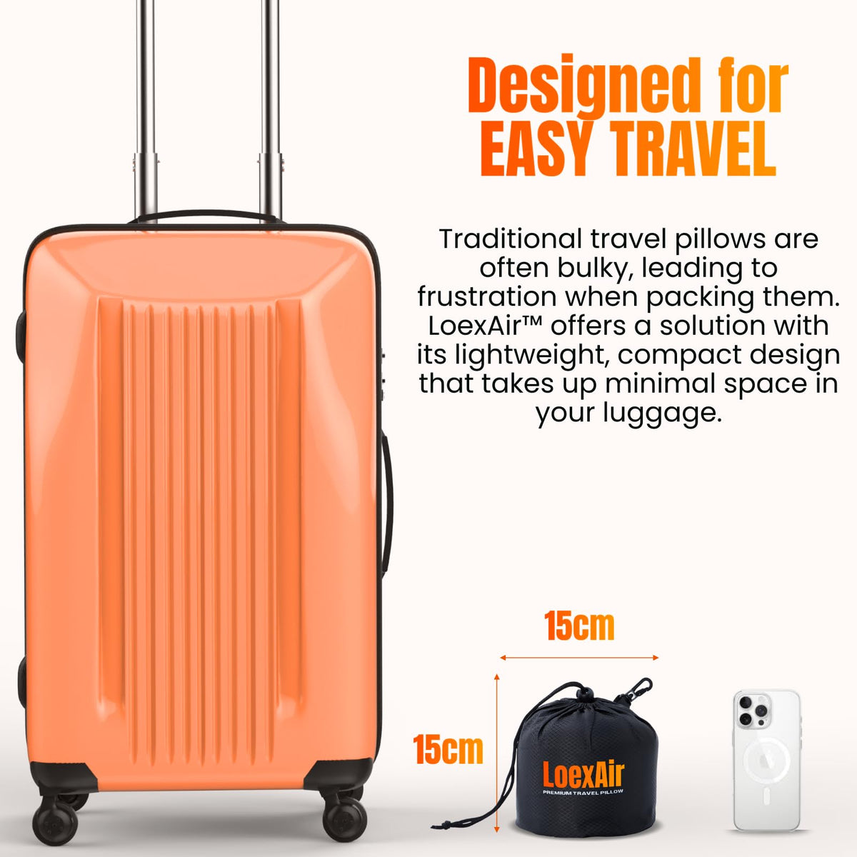 Pillow rolled for travel and compact storage with LOEXAIR kit