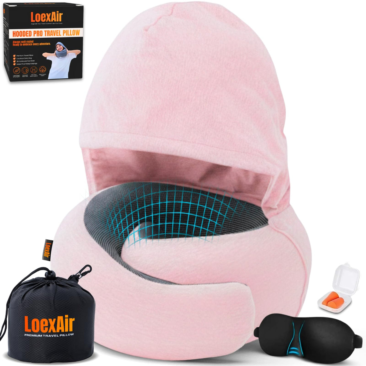 LOEXAIR Hooded Pro Travel Pillow in a compact carry bag offering privacy on the go.