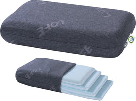 LOFE adjustable memory foam pillow showing four height layers for personalized neck support.